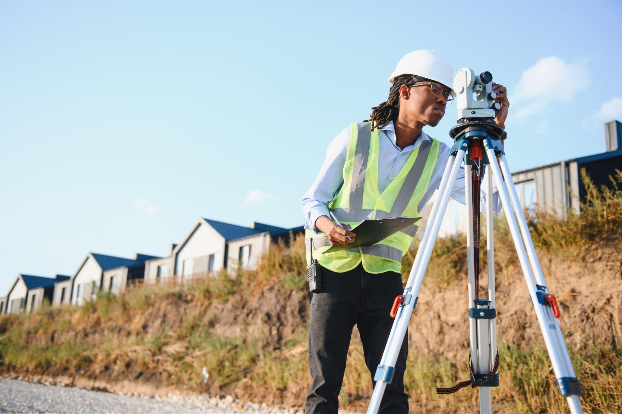 professional land surveyor at work at a residential area