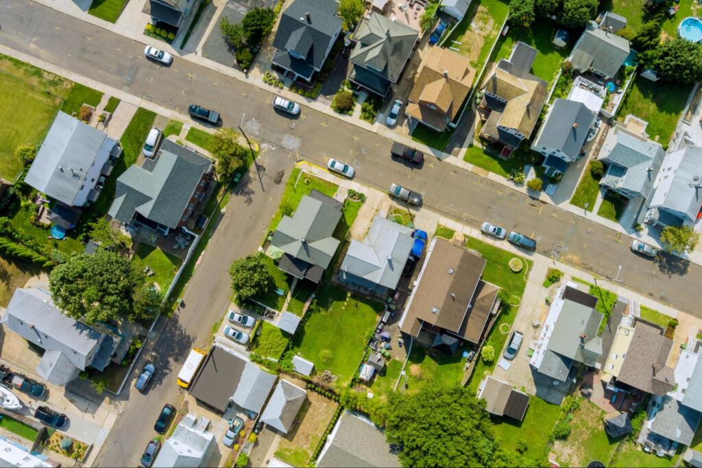 aerial view of residential area, representing residential land surveying services