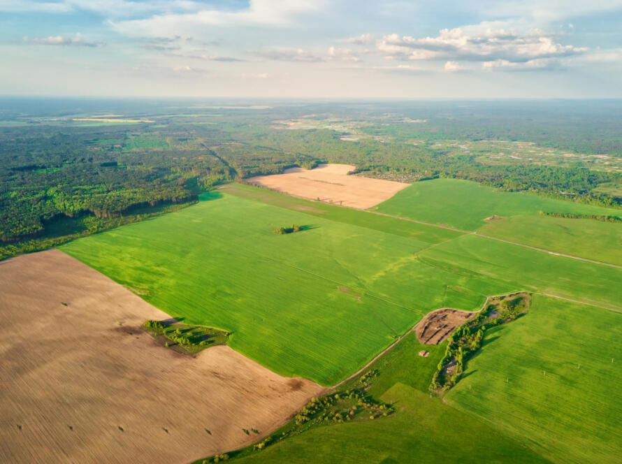 Aerial view of rural property and farmland boundaries, representing the work of Southpoint Geodetics Harlingen TX
