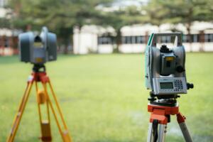 Land surveying equipment set up on a grassy property site for boundary and measurement work, representing Southpoint Geodetics land surveying services