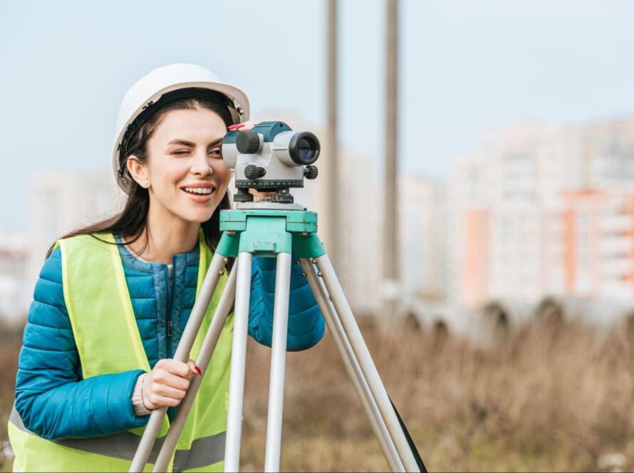 land surveyor using a digital level on a tripod to measure property boundaries after receiving the question how to request for land surveying services