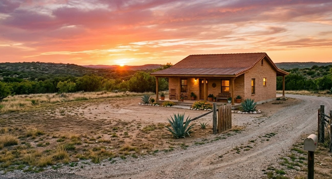 Land surveying services for real estate showing rural property with barns, fenced boundaries, and open countryside terrain