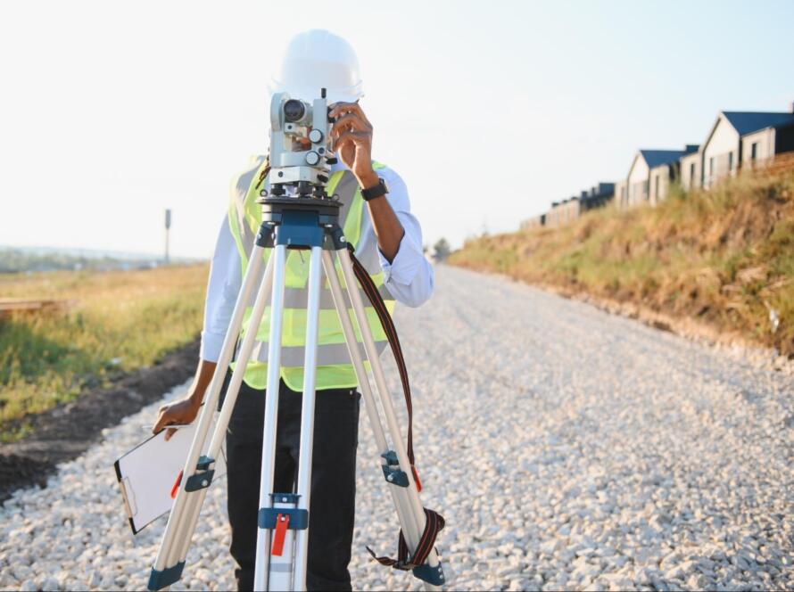 land surveyor using a total station on a tripod to measure property boundaries while preparing a land surveying services quote