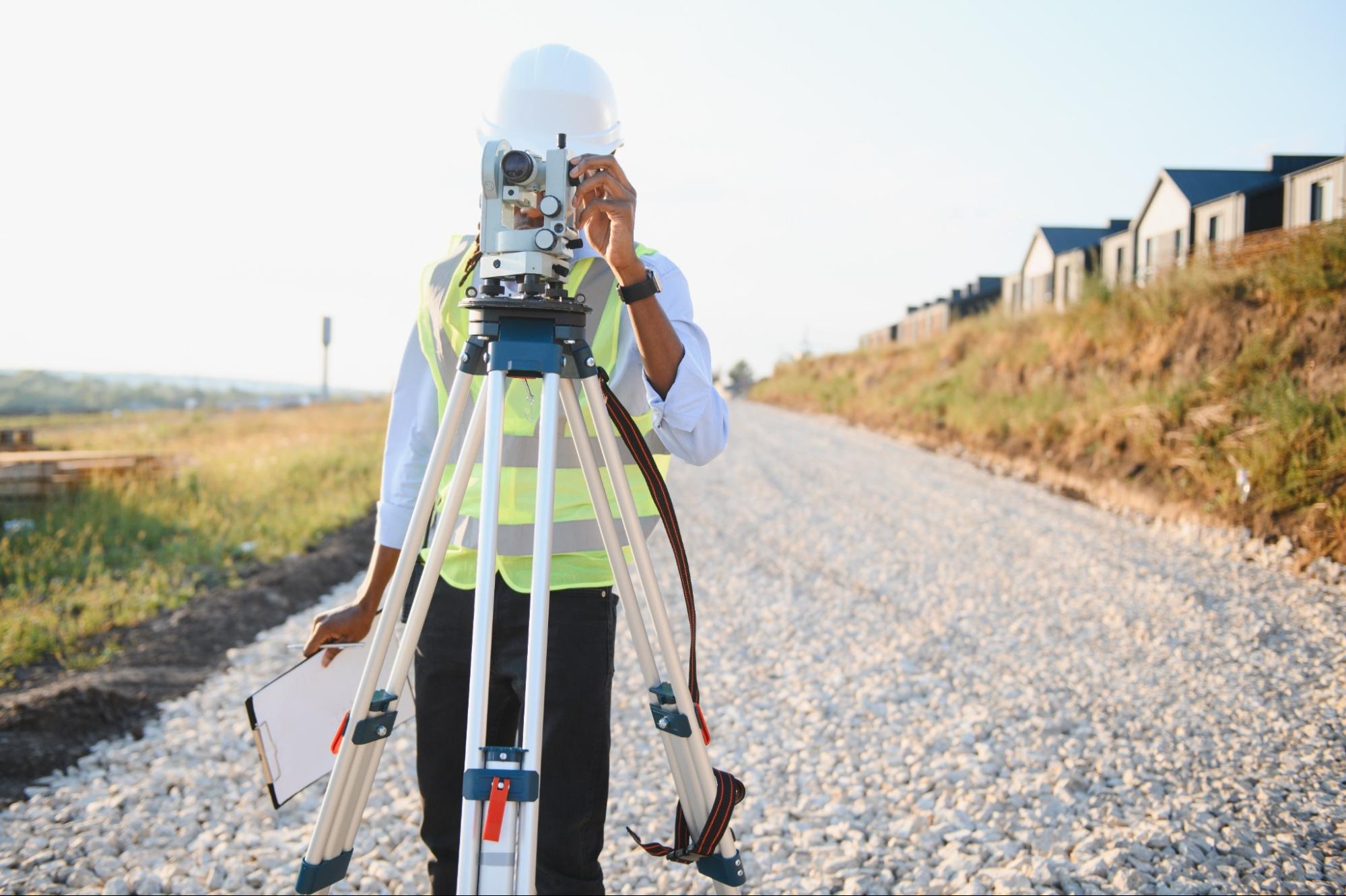 land surveyor using a total station on a tripod to measure property boundaries while preparing a land surveying services quote