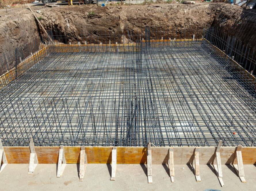 reinforcement steel foundation for construction, representing the importance of construction staking near me