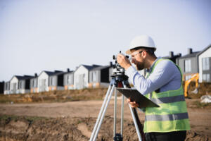 A construction supervisor using surveying equipment on a tripod, demonstrating professional services from a land survey service company in South Texas with new home developments in the background.