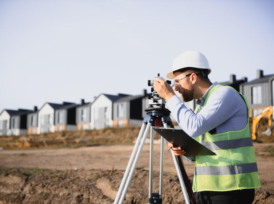 A construction supervisor using surveying equipment on a tripod, demonstrating professional services from a land survey service company in South Texas with new home developments in the background.