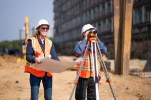A female construction manager and a male land surveyor inspecting property plans on a construction site with surveying equipment.