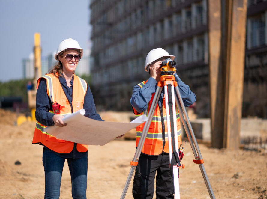 A female construction manager and a male land surveyor inspecting property plans on a construction site with surveying equipment.