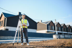 A surveyor stands in a dirt field next to a tripod instrument, demonstrating why clients request professional land survey services in South Texas.