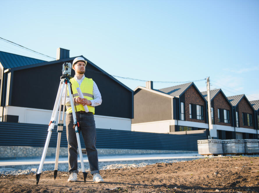 A surveyor stands in a dirt field next to a tripod instrument, demonstrating why clients request professional land survey services in South Texas.