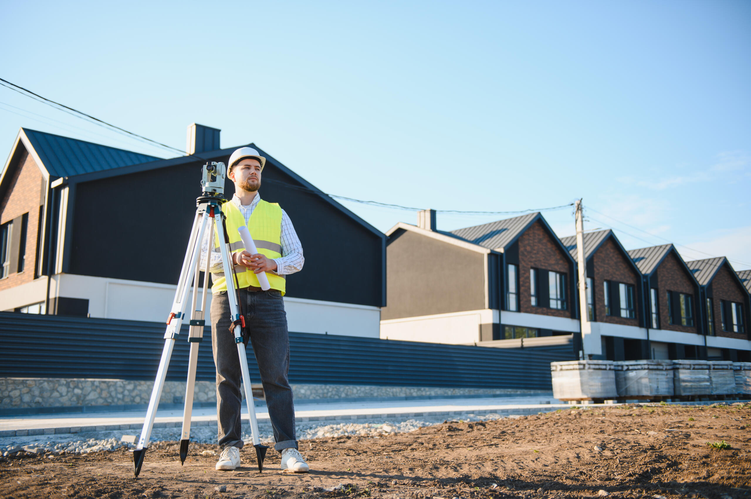 A surveyor stands in a dirt field next to a tripod instrument, demonstrating why clients request professional land survey services in South Texas.