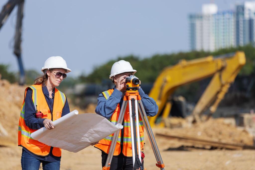 Land surveying company near me open now with surveyors using a total station at a construction site