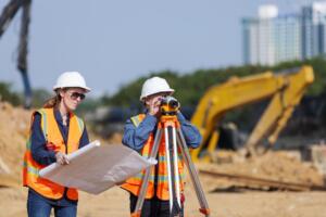 Land surveying company near me open now with surveyors using a total station at a construction site