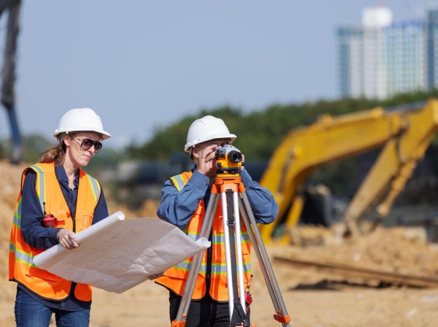 Land surveying company near me open now with surveyors using a total station at a construction site