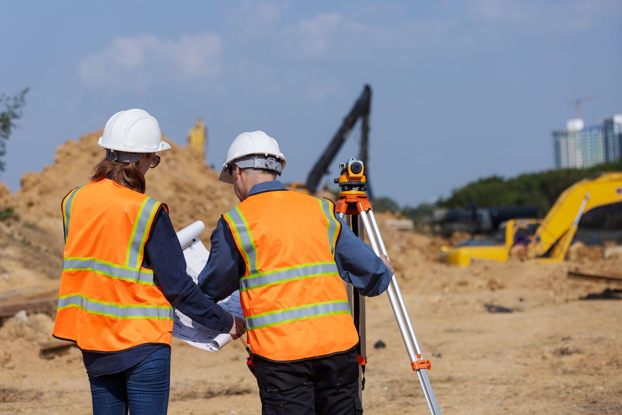 Construction professionals reviewing property plans at a project site