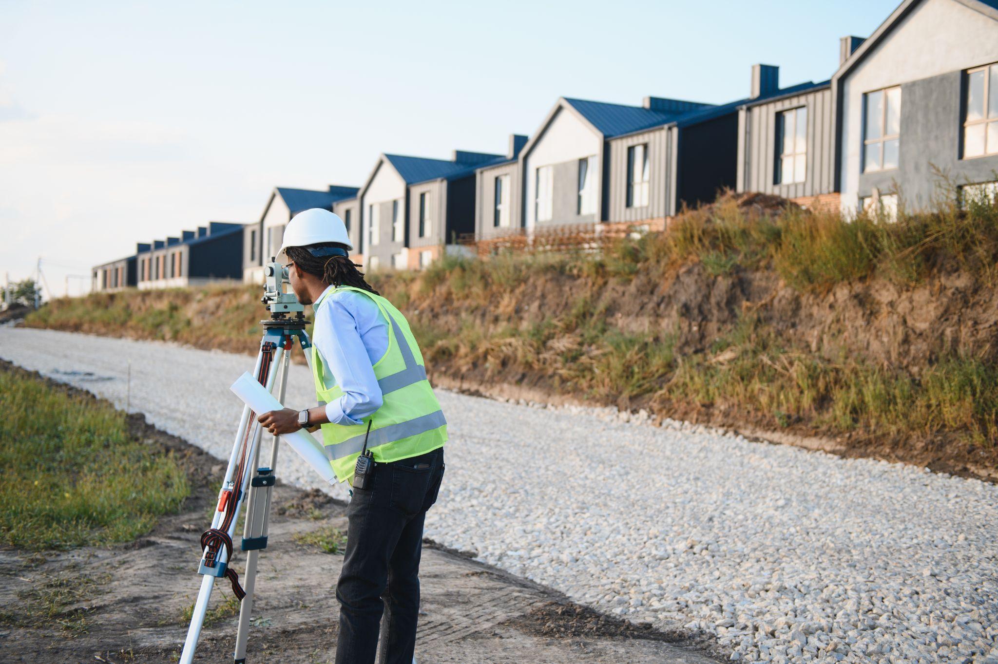 Local land surveyor measuring a residential development before construction continues