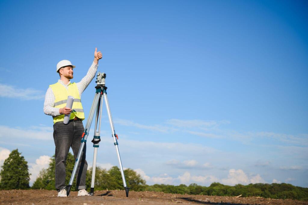 Land surveyor using surveying equipment on a commercial property while preparing a commercial land surveying quote.