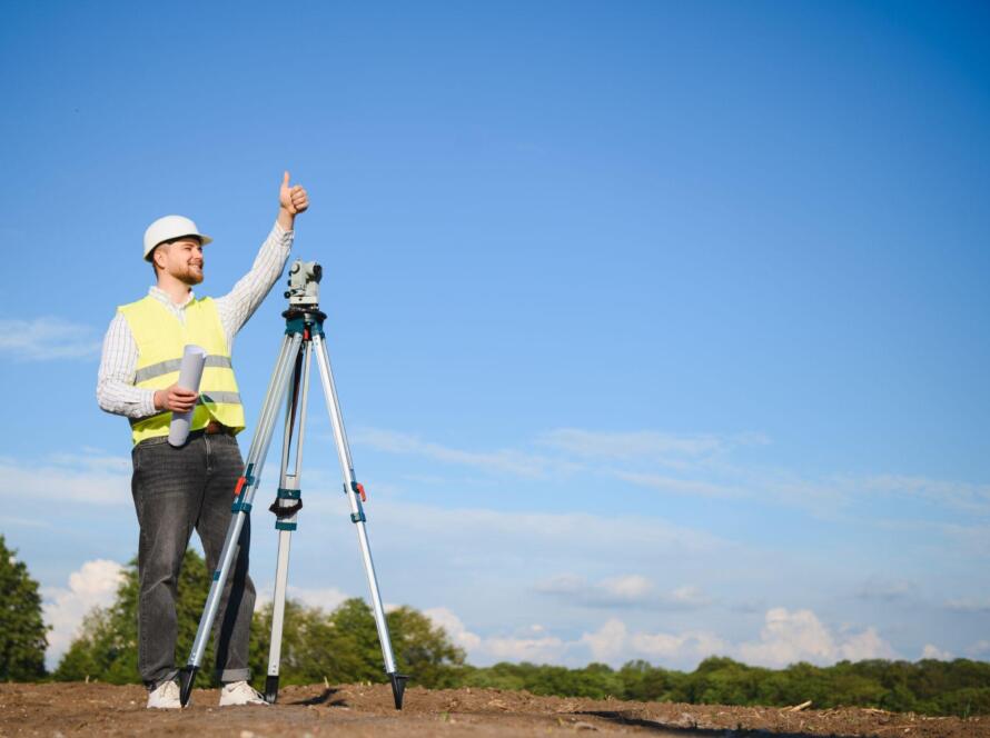 Land surveyor using surveying equipment on a commercial property while preparing a commercial land surveying quote.