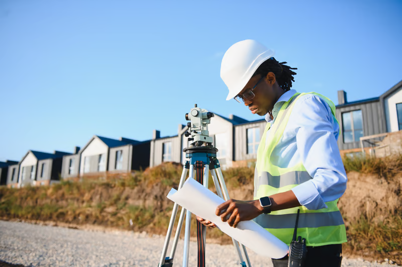 Licensed land surveyor reviewing property plans beside surveying equipment at a residential development site.