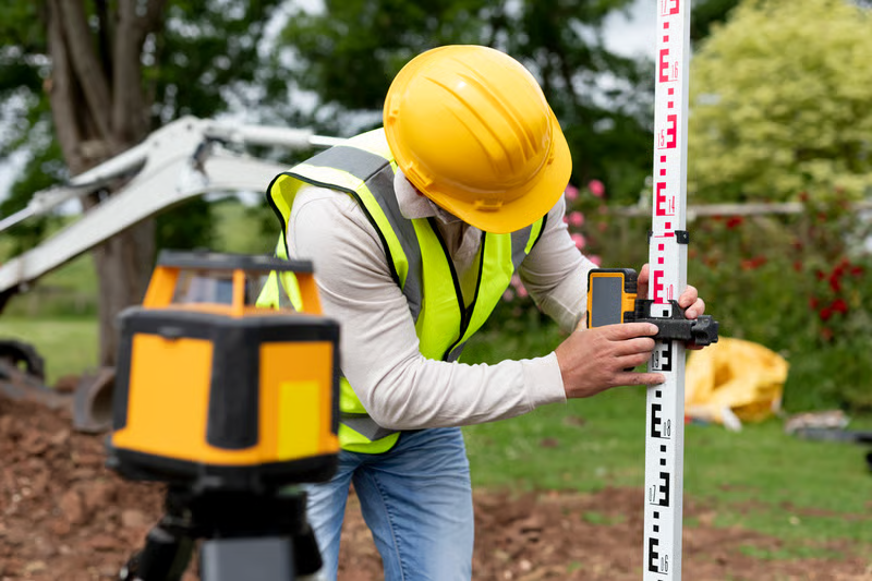 Land surveyor taking elevation measurements with leveling equipment on a project site.