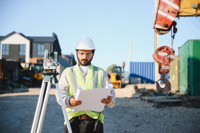 Land surveyor reviewing site plans beside surveying equipment to confirm project details for a topographic survey estimate.