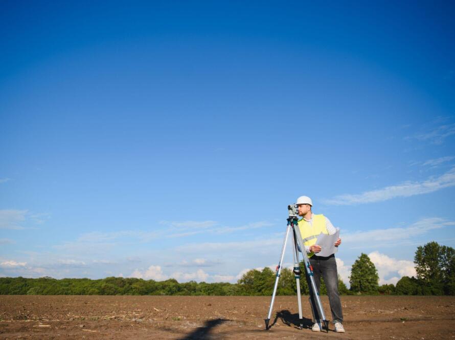 Land surveyor using a total station to measure property boundaries on an open tract of land