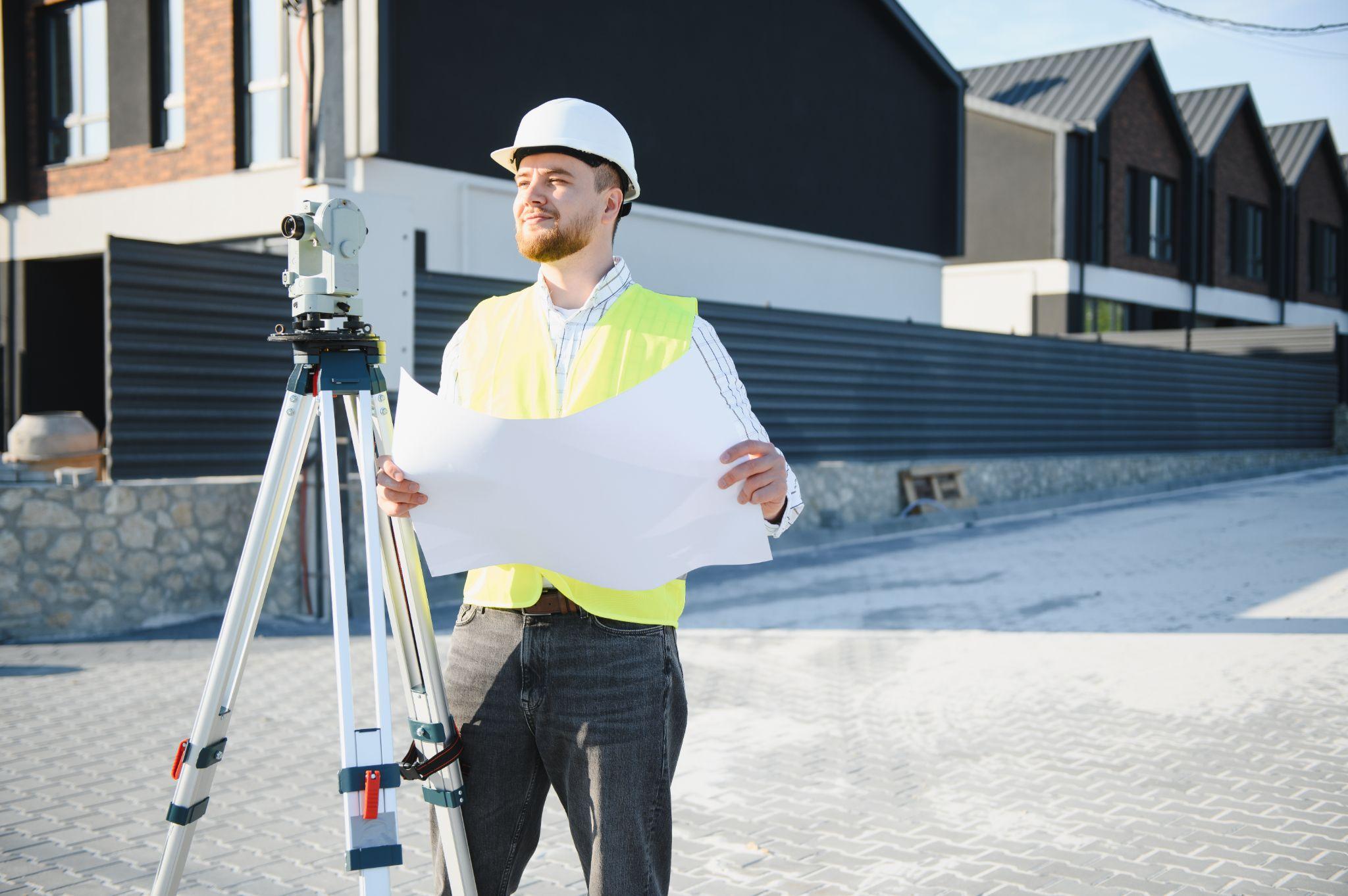 Land surveyor reviewing property plans beside surveying equipment
