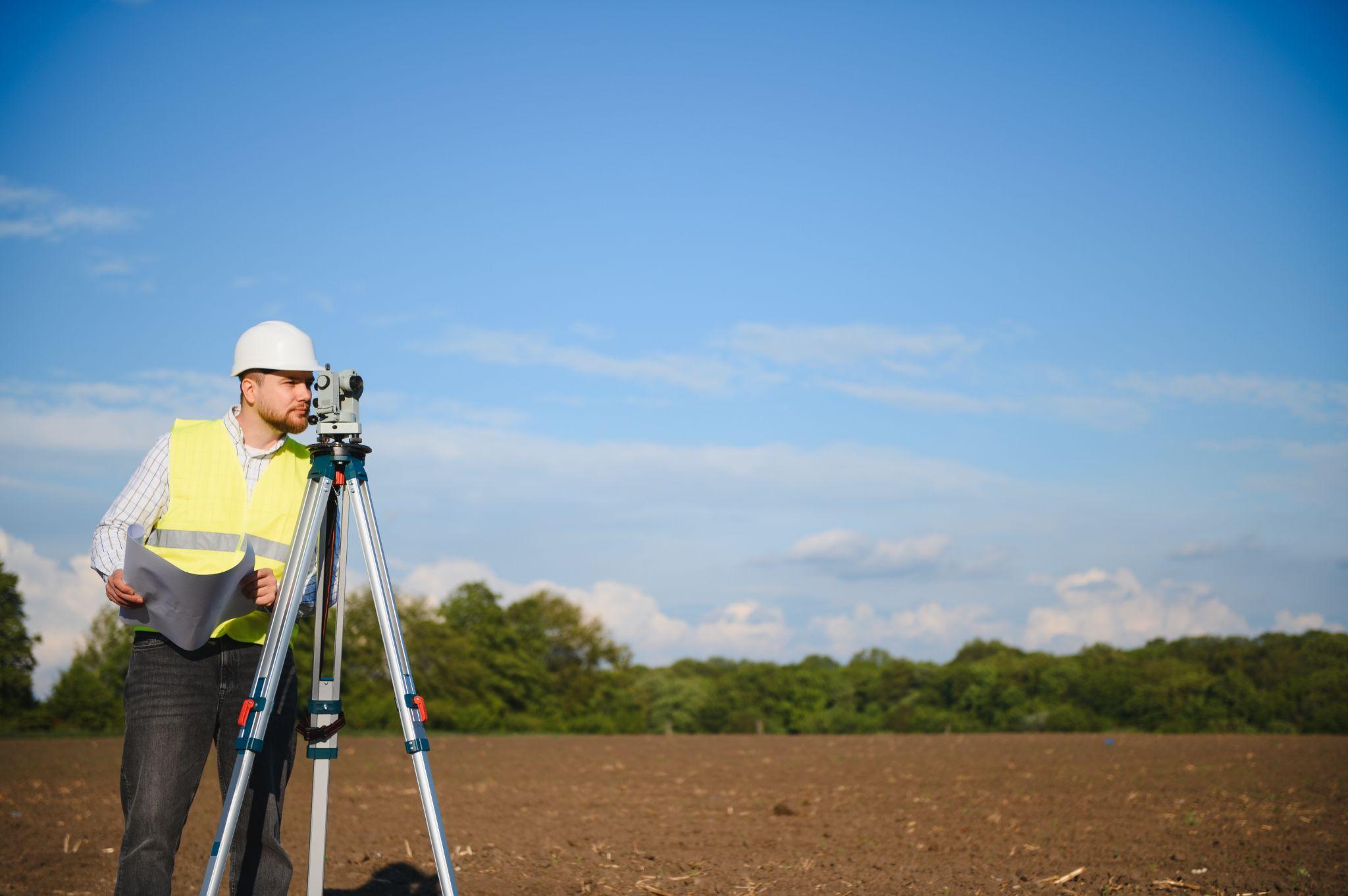 Land surveyor using surveying equipment on a rural property site