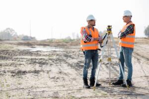 Land surveyors using surveying equipment on a property development site