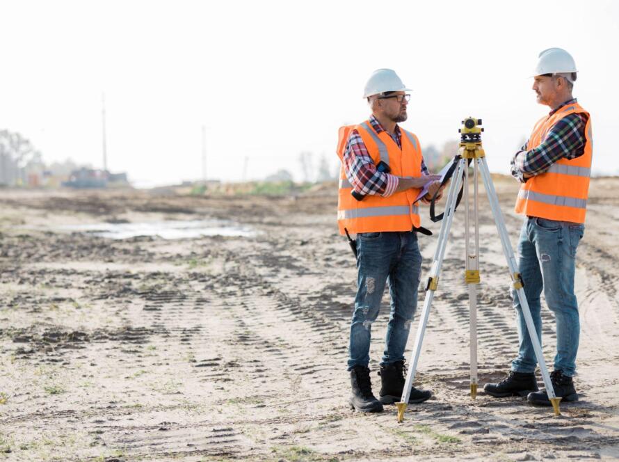 Land surveyors using surveying equipment on a property development site