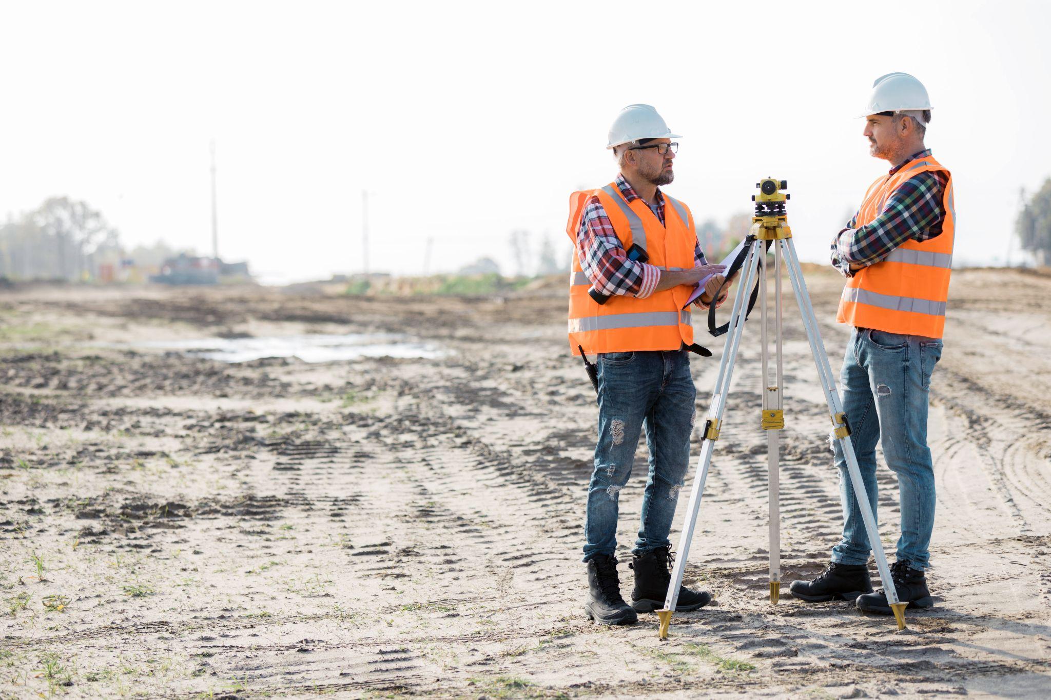 Land surveyors using surveying equipment on a property development site