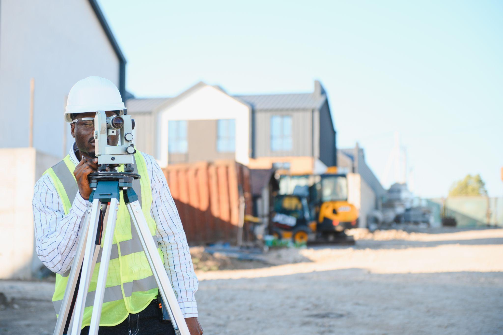Land surveyor using a total station to collect property measurements