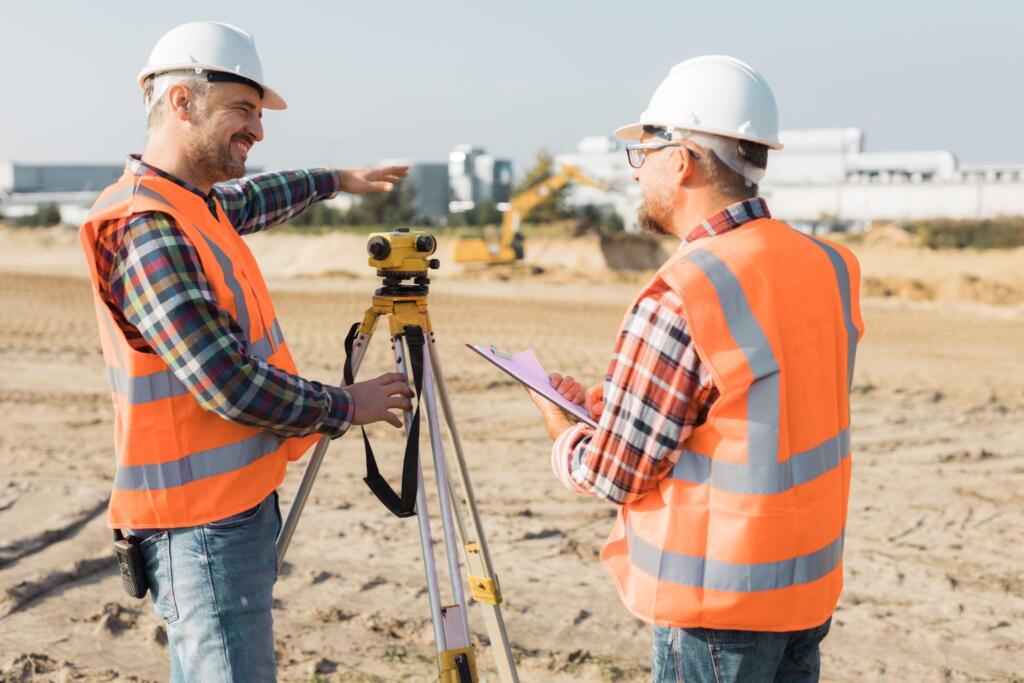 Land surveyors using surveying equipment at an active construction site