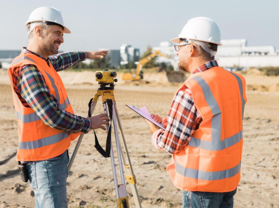 Land surveyors using surveying equipment at an active construction site