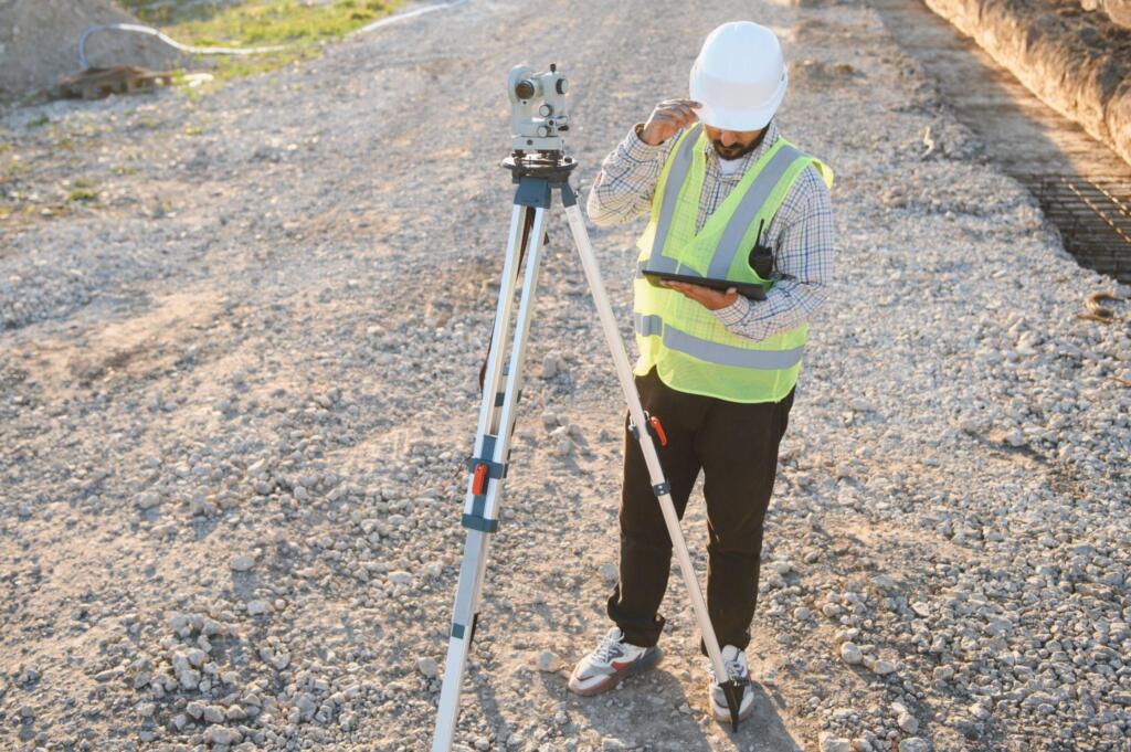 Professional land surveyor using surveying equipment to collect property measurements