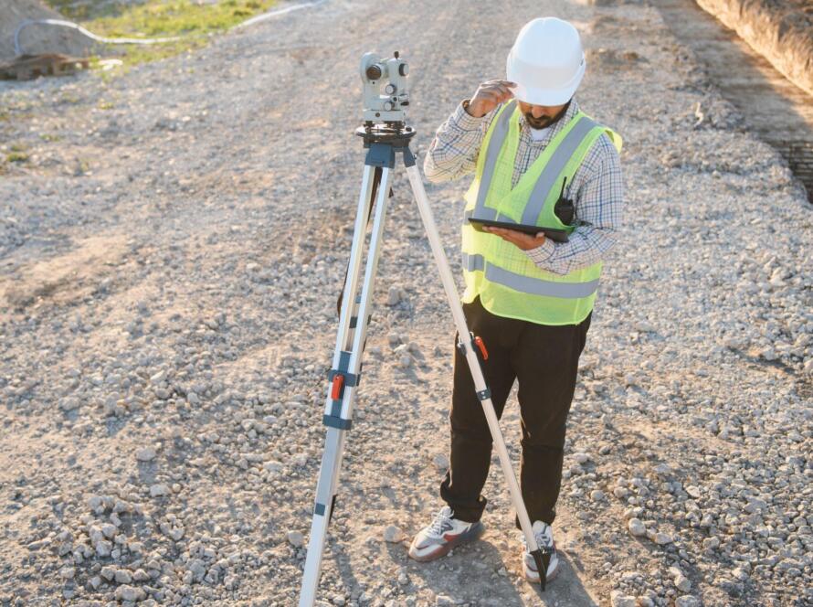 Professional land surveyor using surveying equipment to collect property measurements