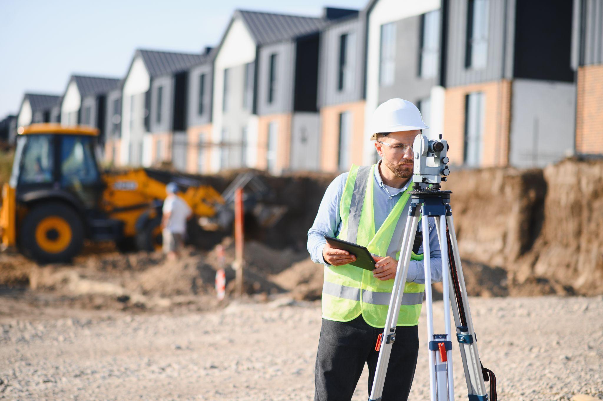 Professional surveyor taking measurements on a residential development site