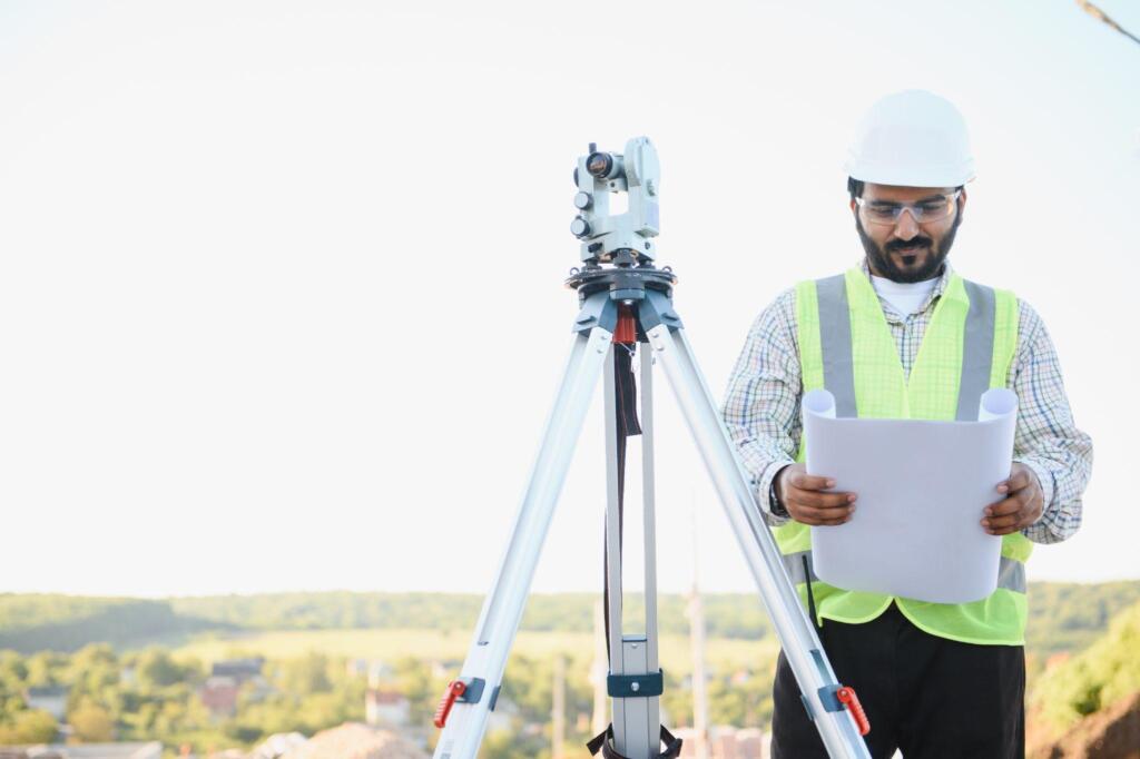 Professional land surveyor reviewing property plans beside surveying equipment