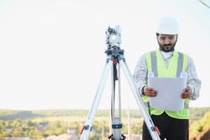 Professional land surveyor reviewing property plans beside surveying equipment