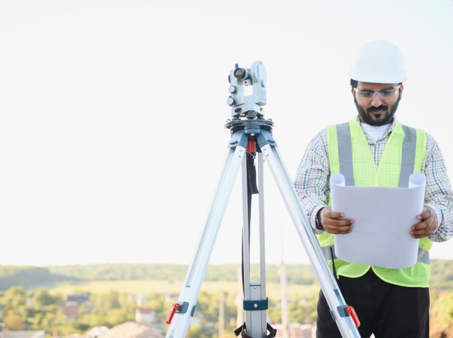 Professional land surveyor reviewing property plans beside surveying equipment
