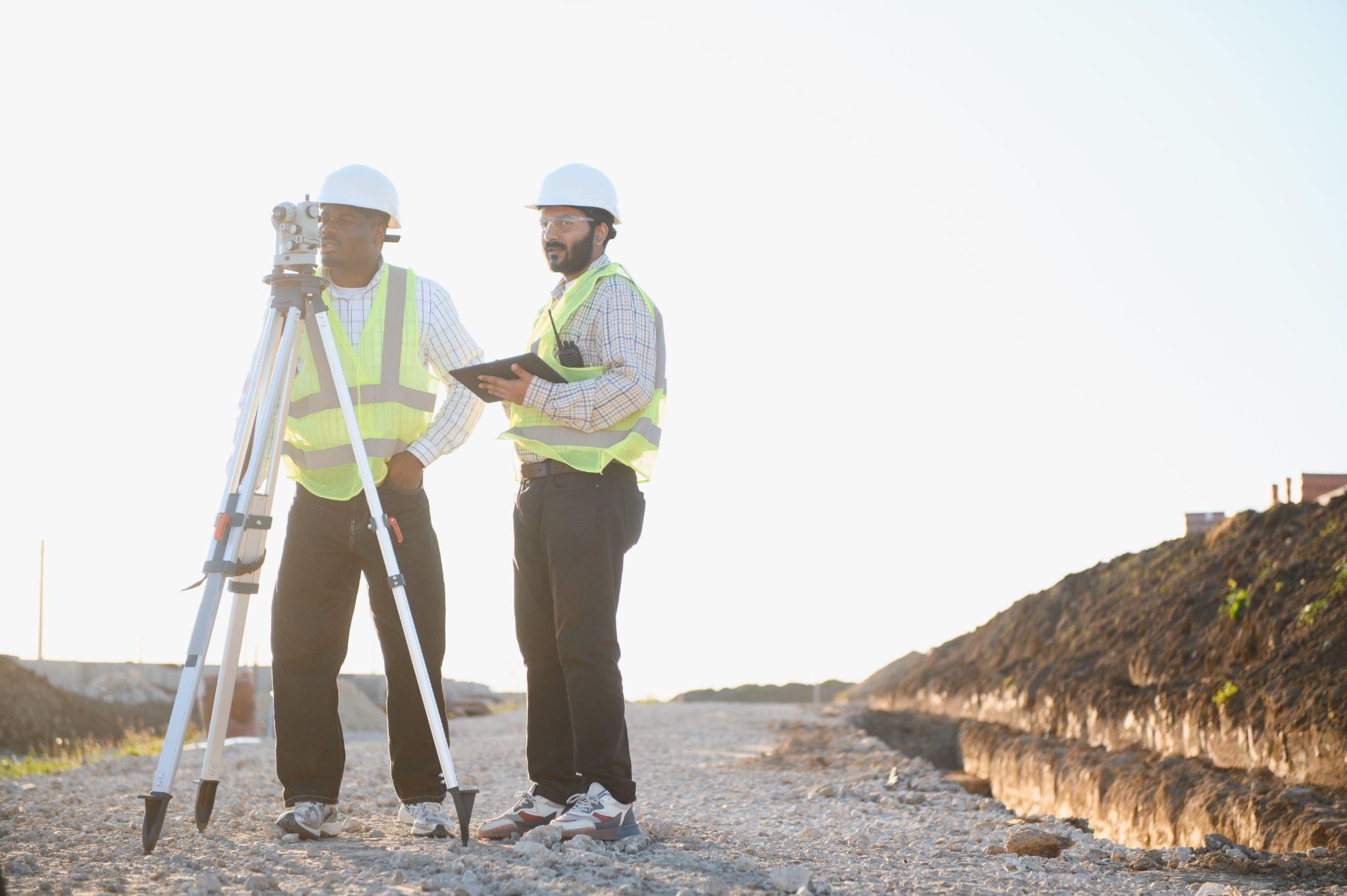 Professional surveying team working with field equipment on a property site