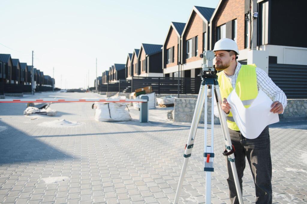 Professional land surveyor working at a residential property site