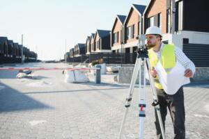 Professional land surveyor working at a residential property site