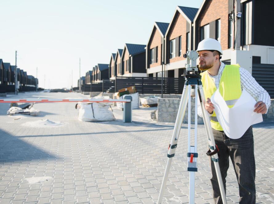 Professional land surveyor working at a residential property site