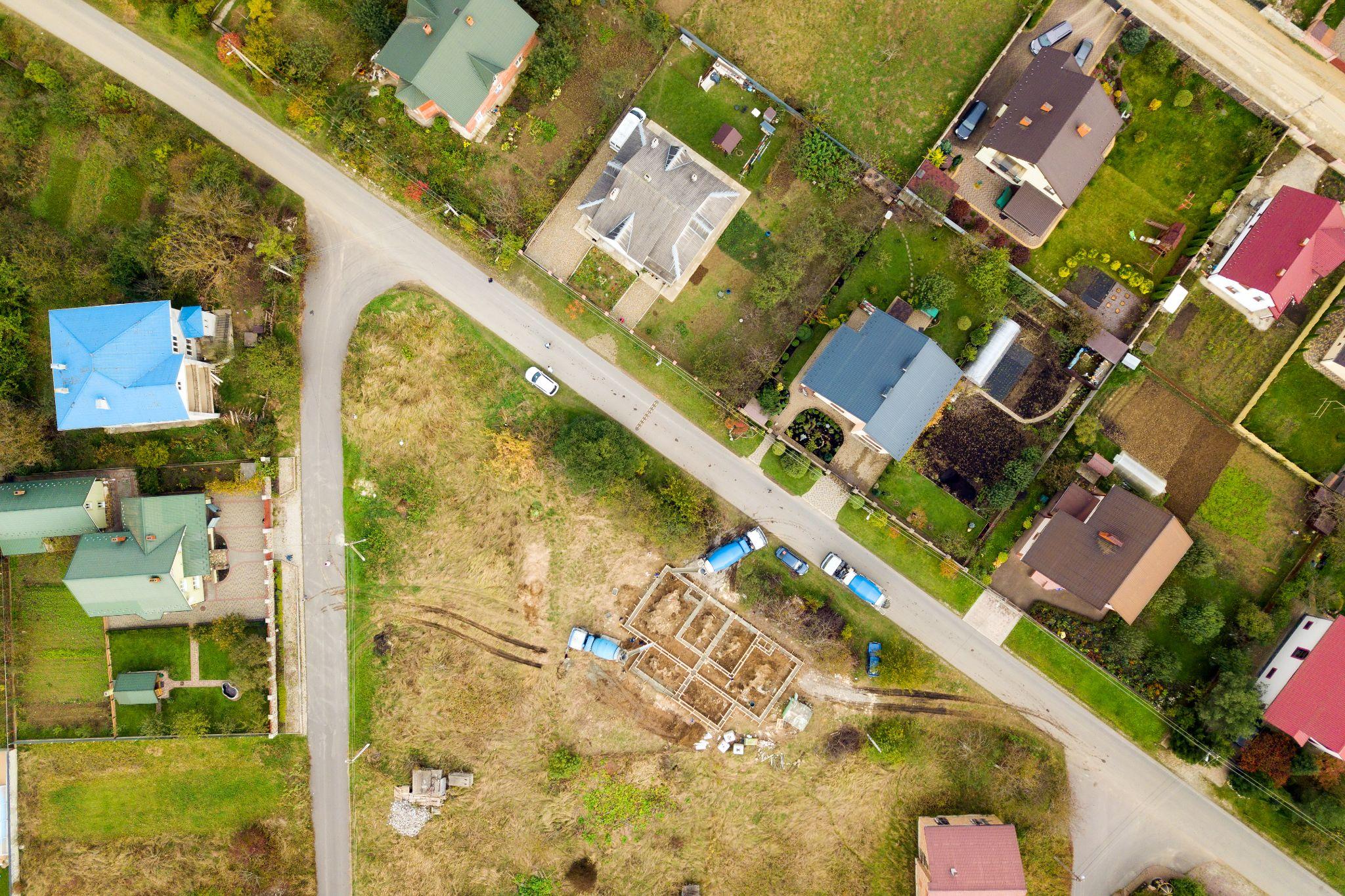 Aerial view of residential properties showing property layout and boundary areas