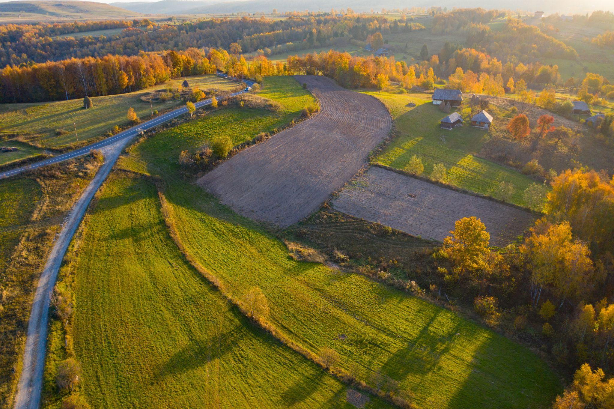 Aerial view of rural land parcels and property boundaries
