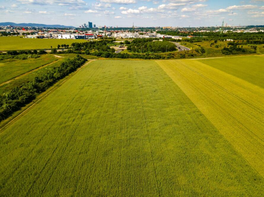 Aerial view of open land near roads and developed properties
