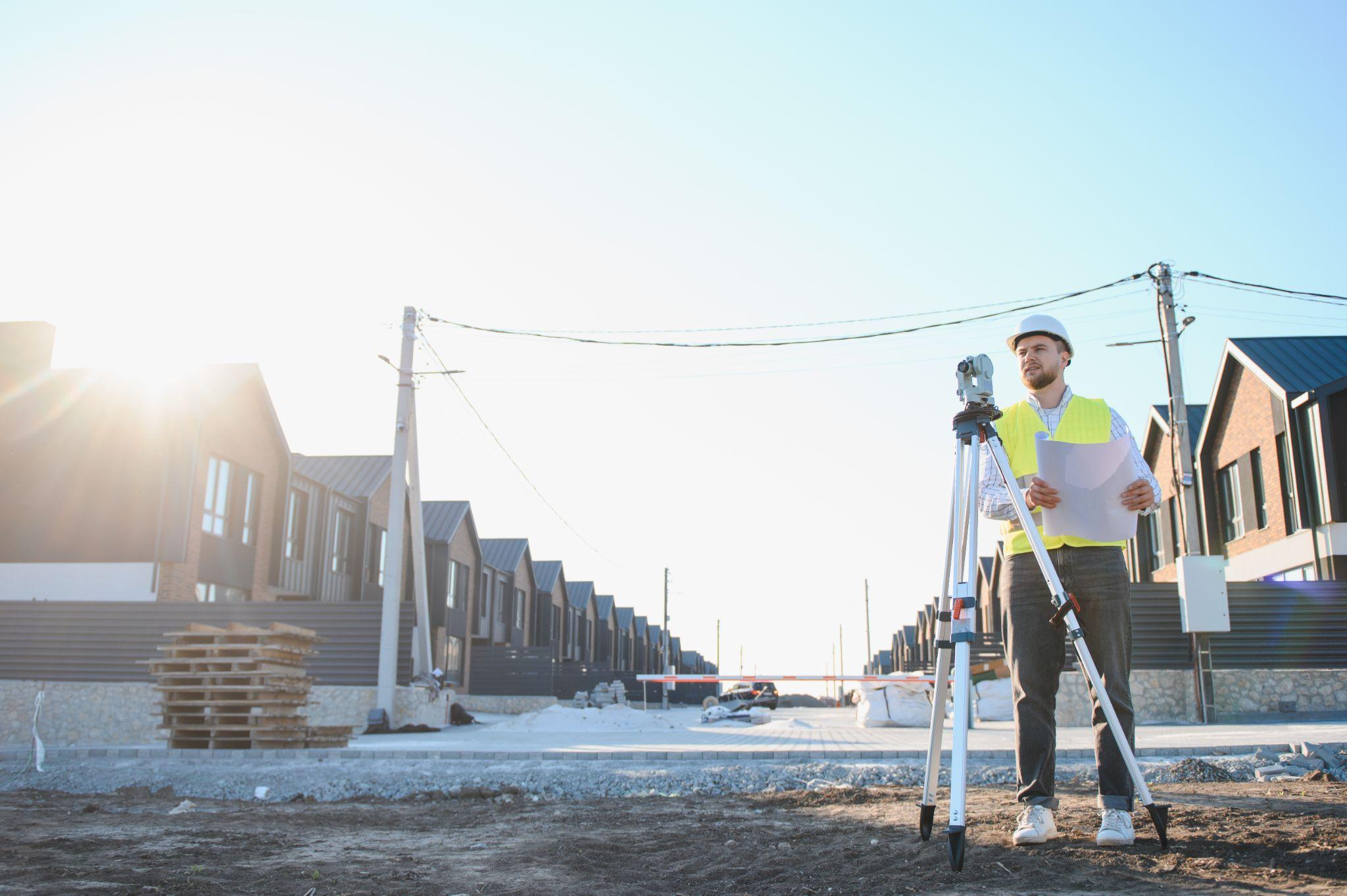 Survey professional using a theodolite at a residential development site