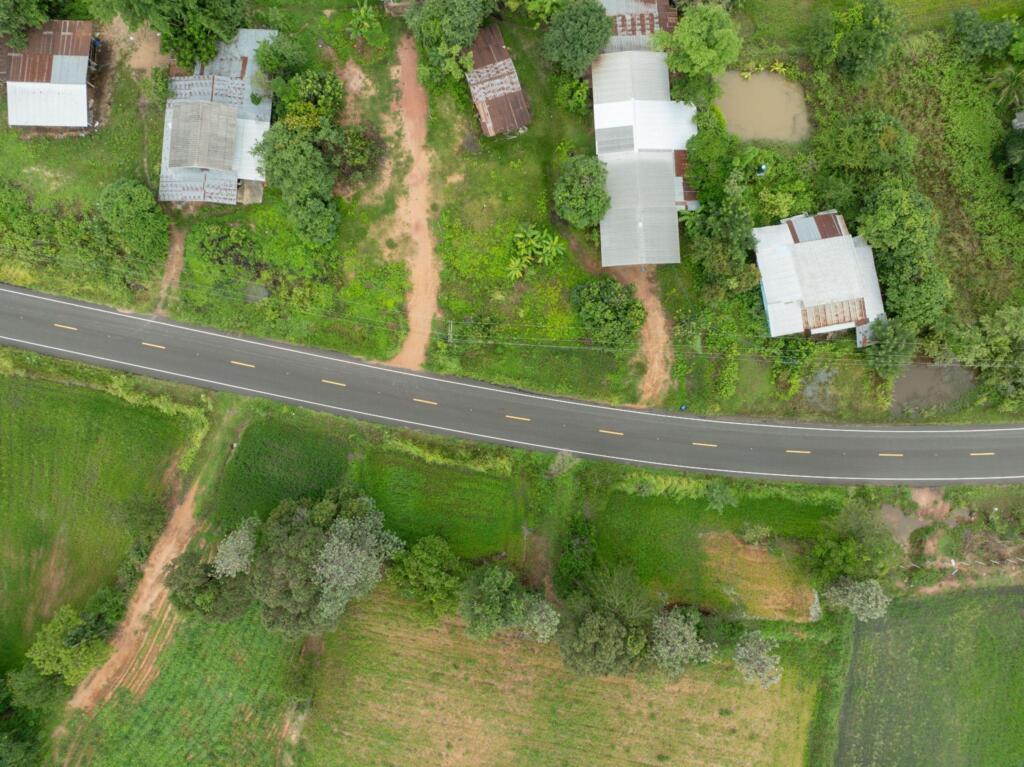 Aerial view of rural land, roads, and developed properties